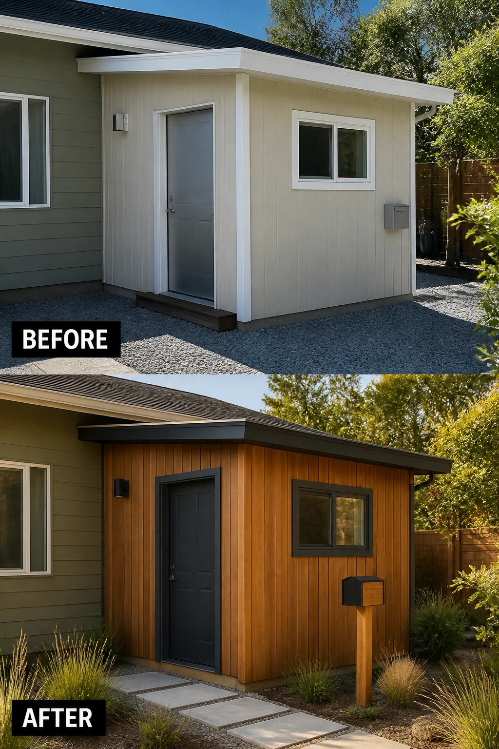 Before-and-after image of a house exterior updated with warm wood siding, dark trim, a dark door, and a stone paver path.