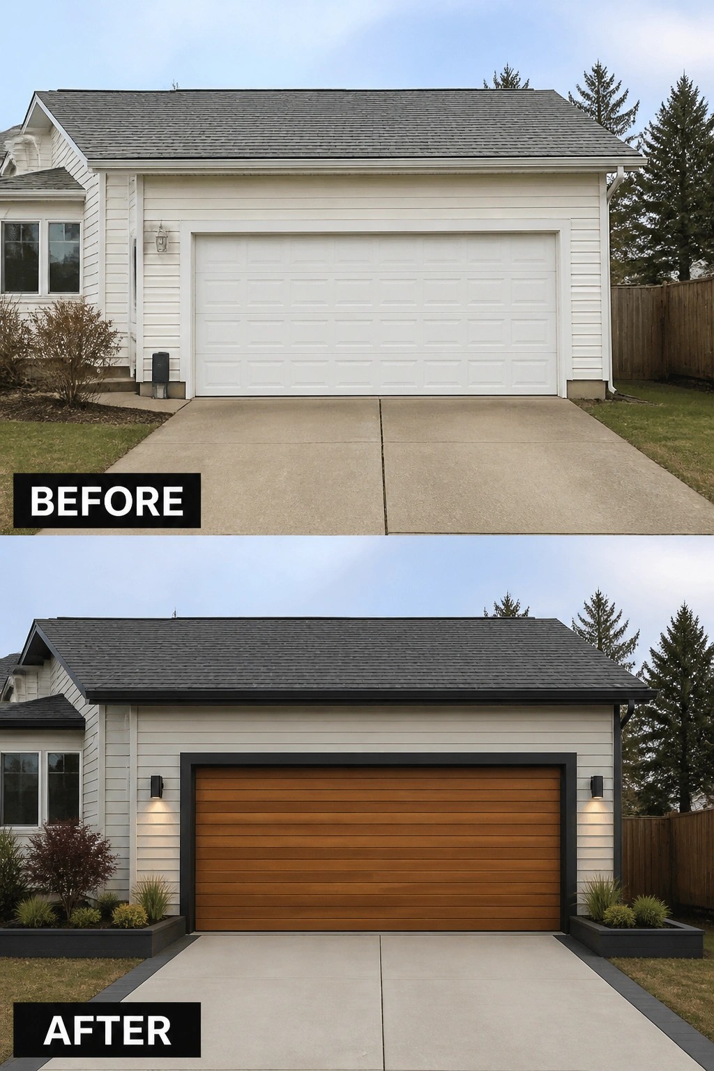 Before and after view of house with white vs. modern wood garage door.
