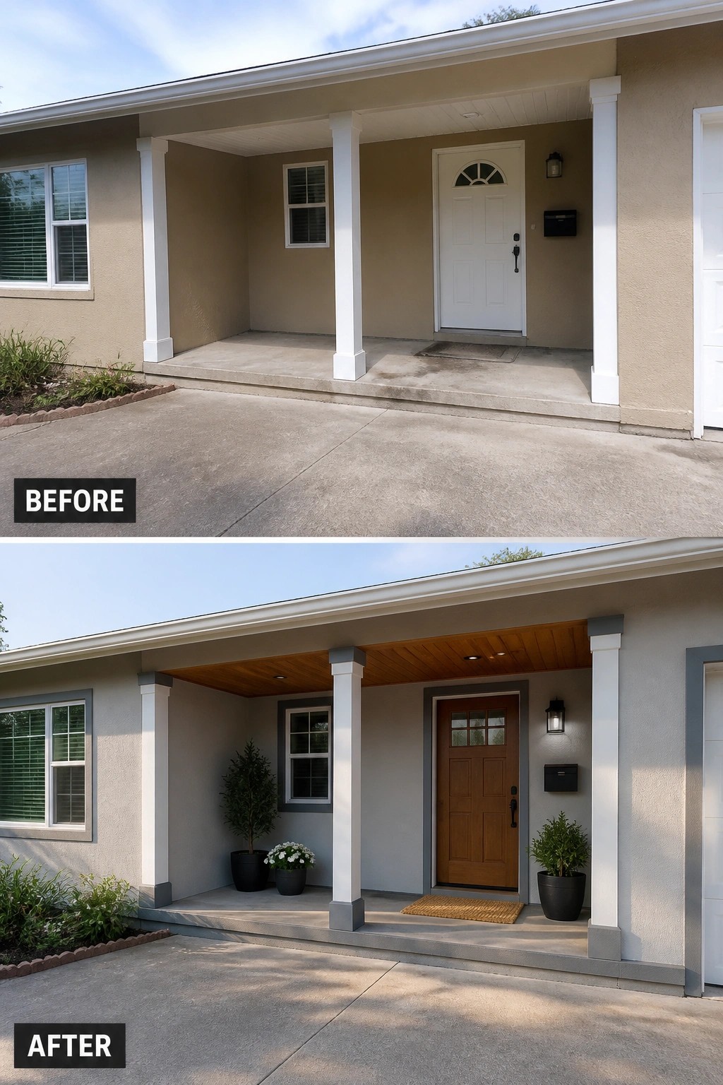 Before and after porch renovation with new door, plants, and wood ceiling.