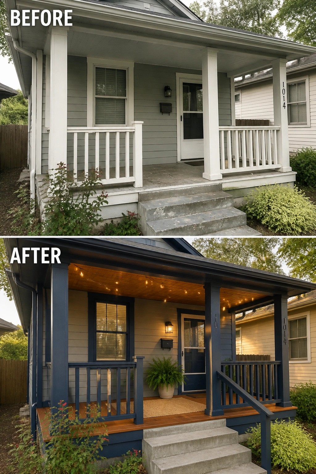 Before and after porch renovation with dark blue paint and string lights.