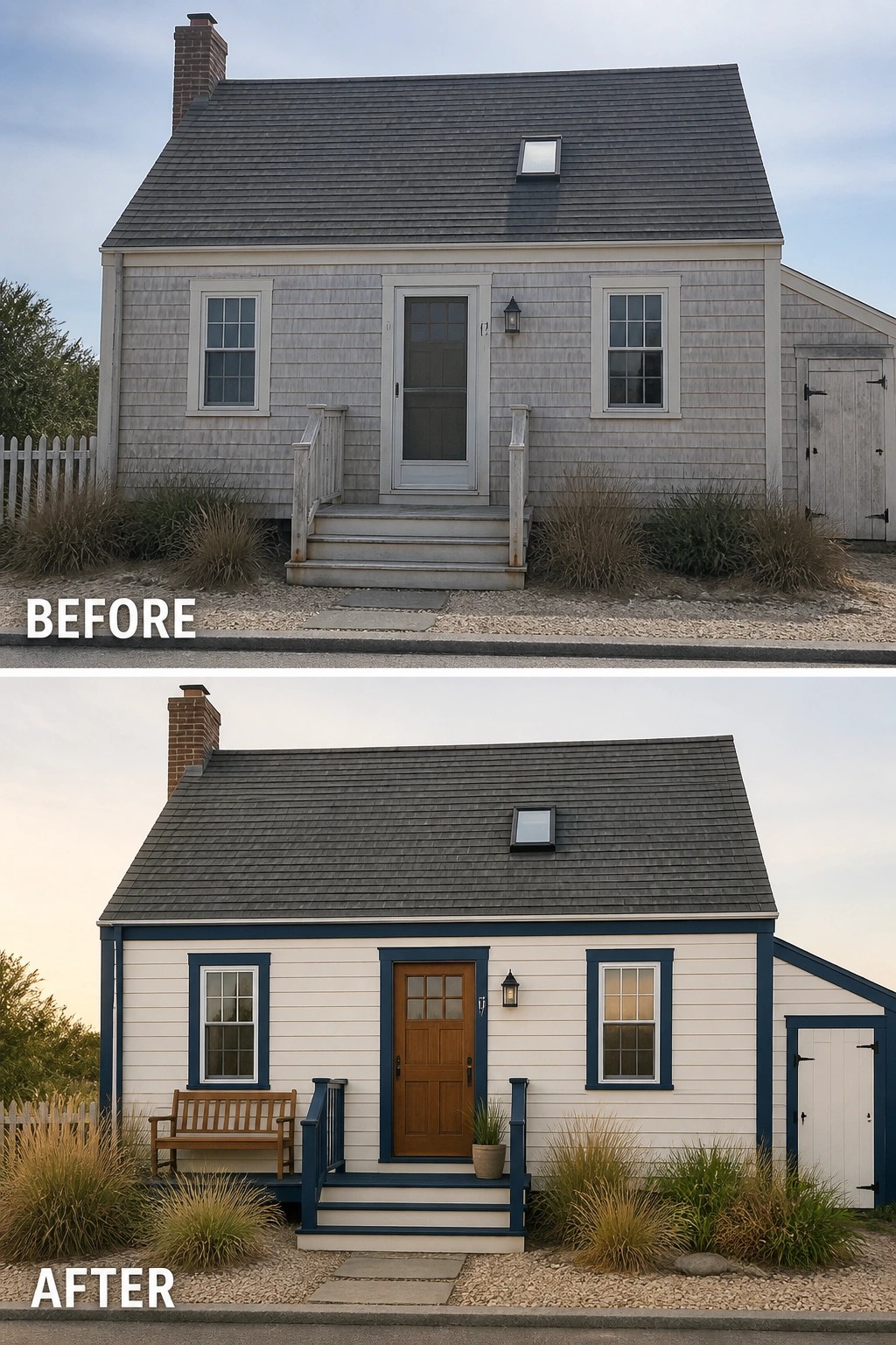 Before-and-after image of a house exterior painted white with dark blue trim and a wood front door.
