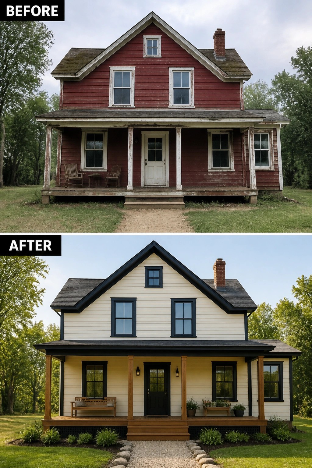 Before and after of red house repainted white with black trim and new landscaping.