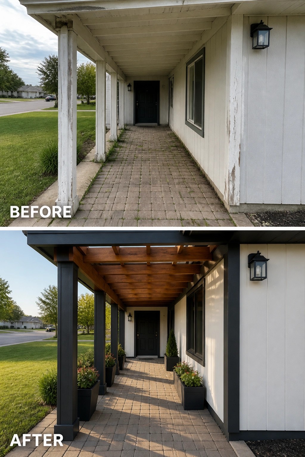 Before-and-after image of a front porch updated with dark trim, wood ceiling beams, and added planters.