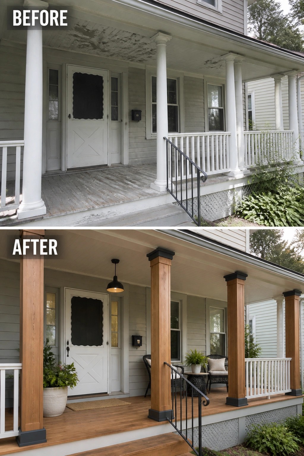 Before and after porch renovation with white paint replaced by wooden columns