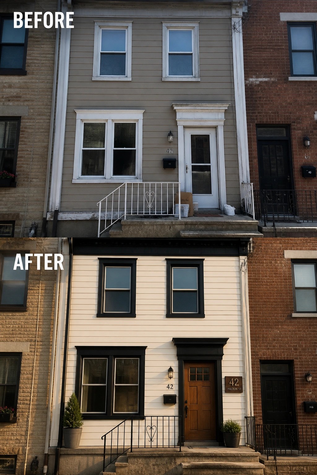 Before and after of townhouse repainted white with black trim and wooden door