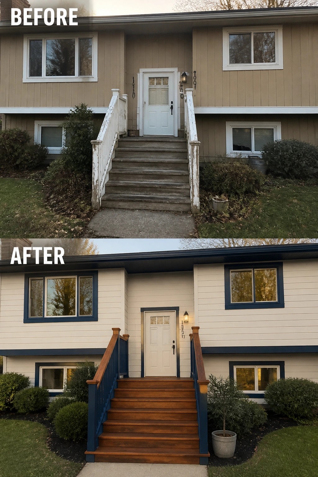 Before-and-after image of a house exterior updated with lighter siding, dark blue trim, and wood stairs with matching railings.