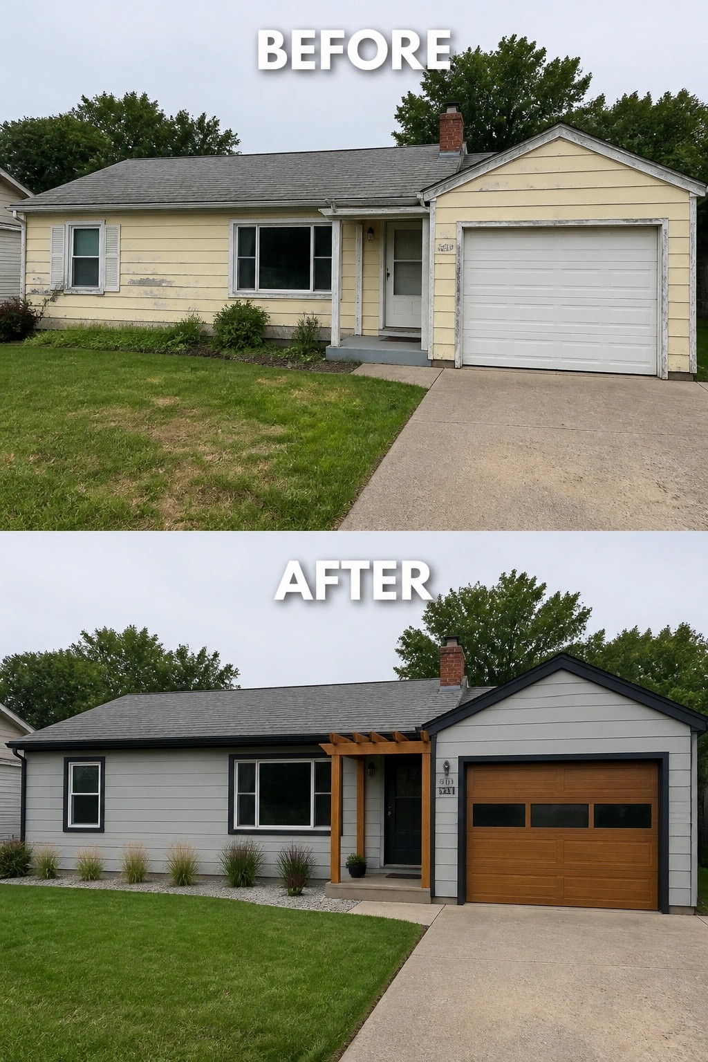 Before-and-after image of a house exterior changed from yellow siding with white trim to gray siding with black trim, a wood garage door, and a wooden pergola at the entry.