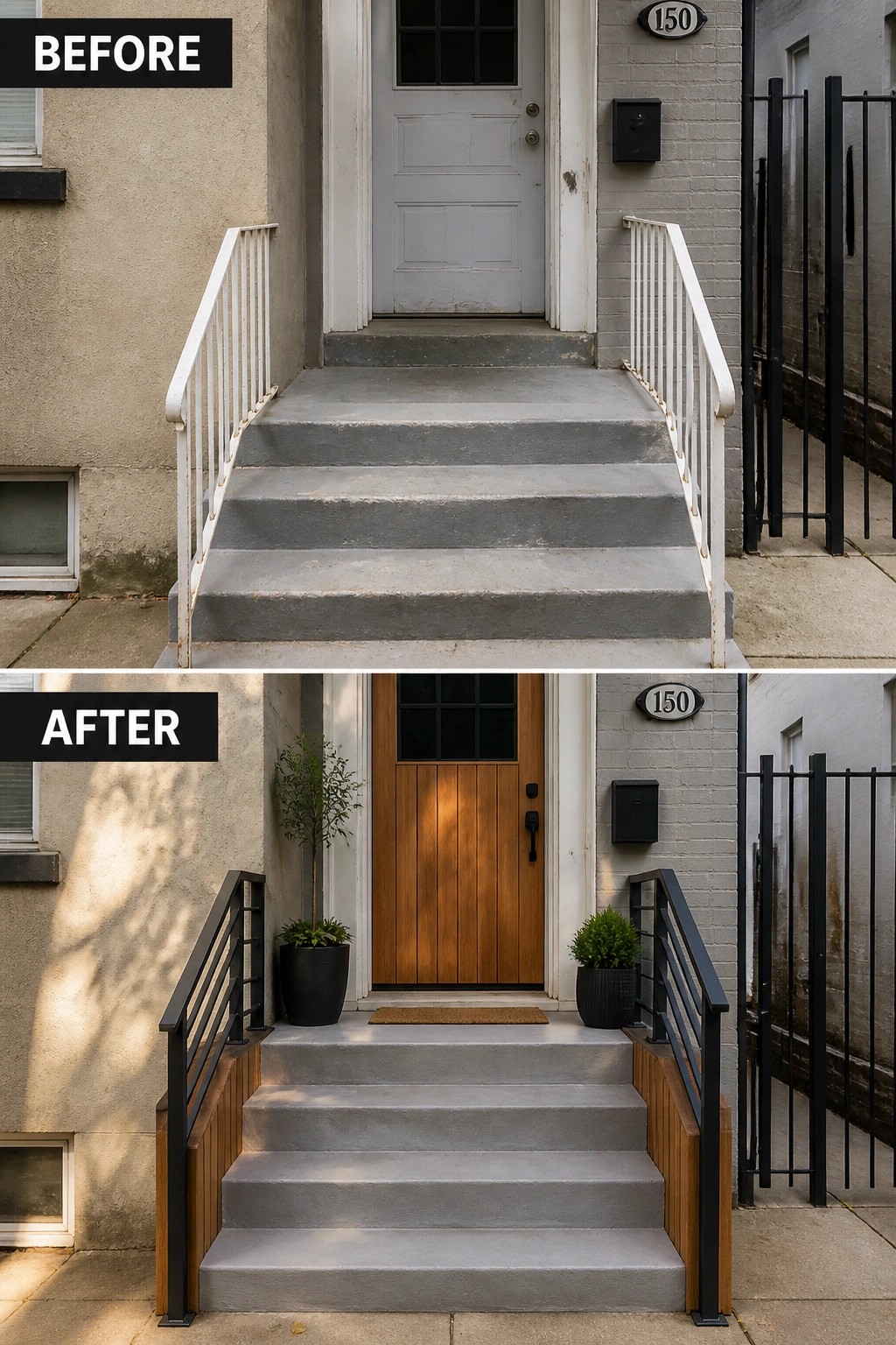 Before-and-after image of a concrete house entry with white railings changed to dark railings, wood accents on the stairs, a wood door, and potted plants.