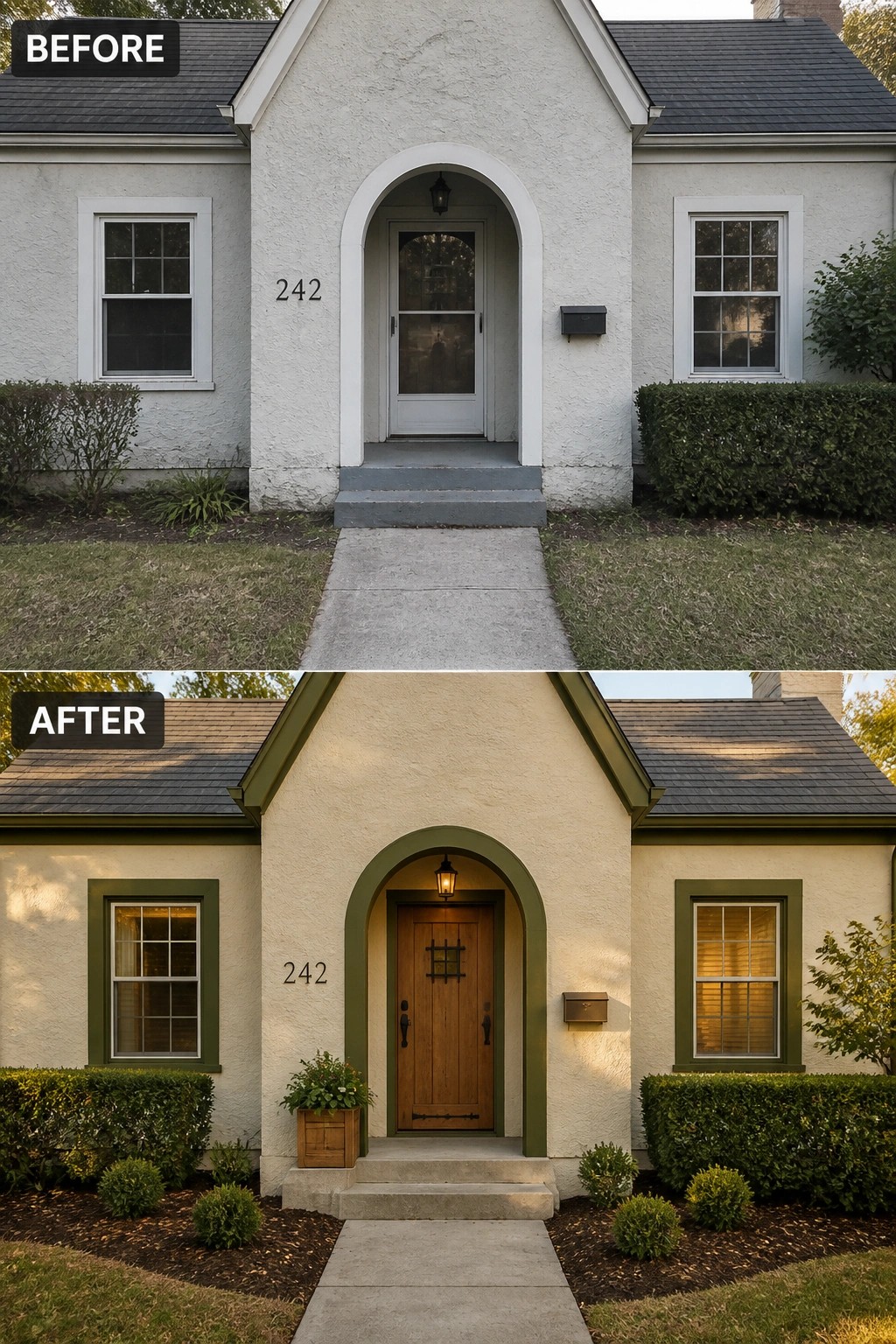 Before and after house entrance renovation with green trim and wooden door.