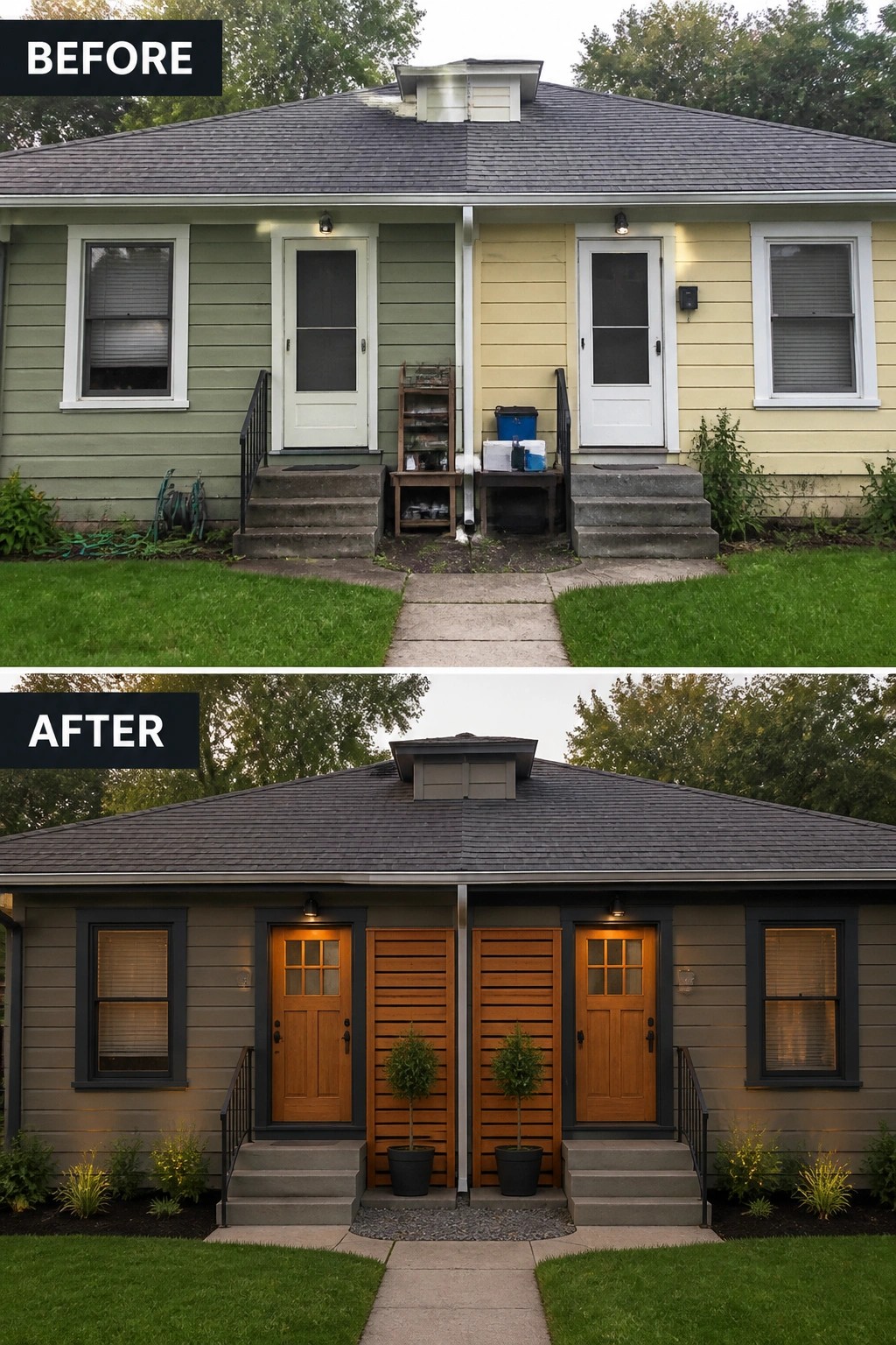 Before-and-after image of a house exterior updated with uniform gray paint, dark trim, and new wooden front doors.