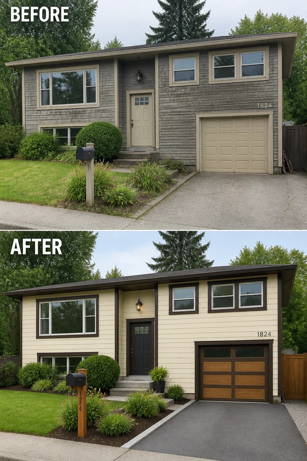 Before-and-after image of a house exterior updated with light siding, dark trim, a new dark door, and a wood-toned garage door.