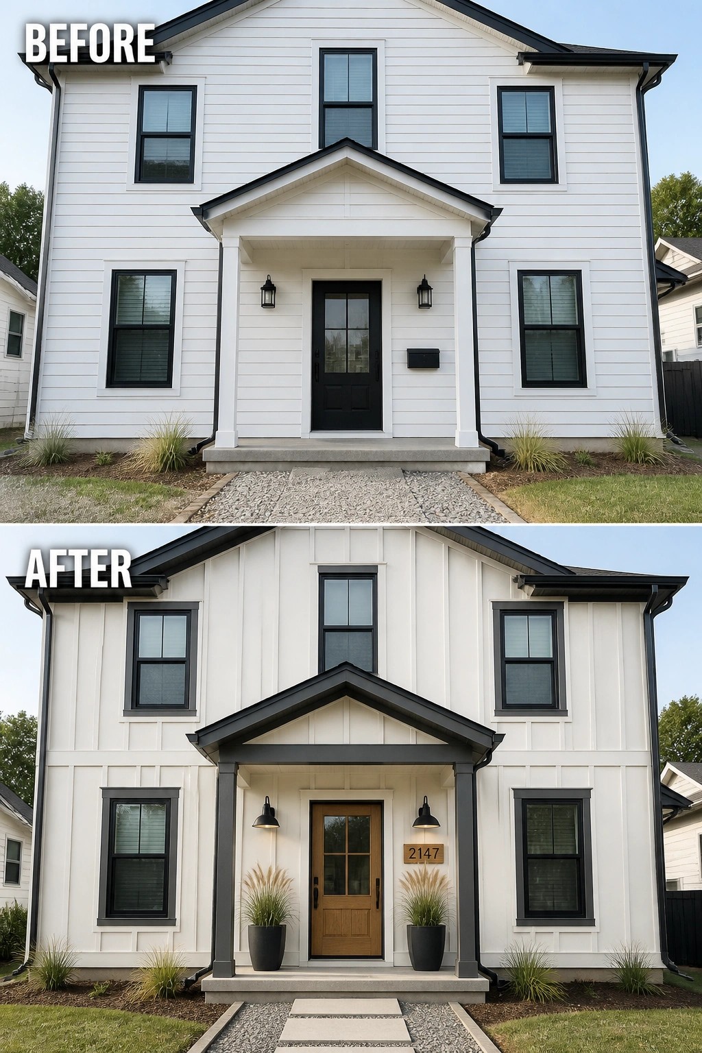 Before and after of white house with black trim, new porch, and wooden door.