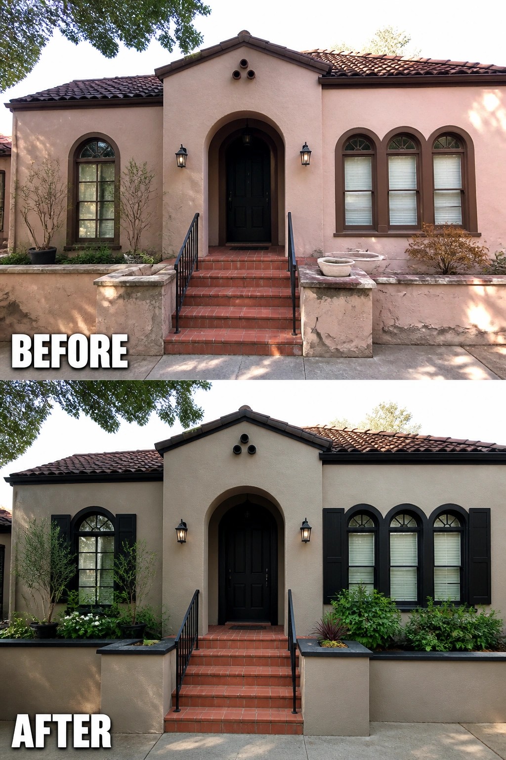 Before-and-after image of a pink stucco house updated with black shutters, dark trim on the roofline and planters, and refreshed landscaping at the entry.