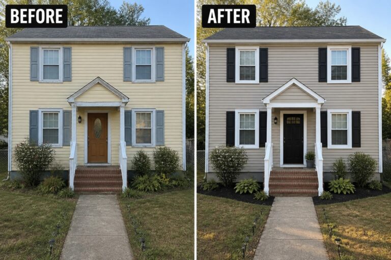 25 Beautiful Before and After Exterior Paint Ideas for Dated House Colors Before and after of yellow house repainted gray with black shutters and door