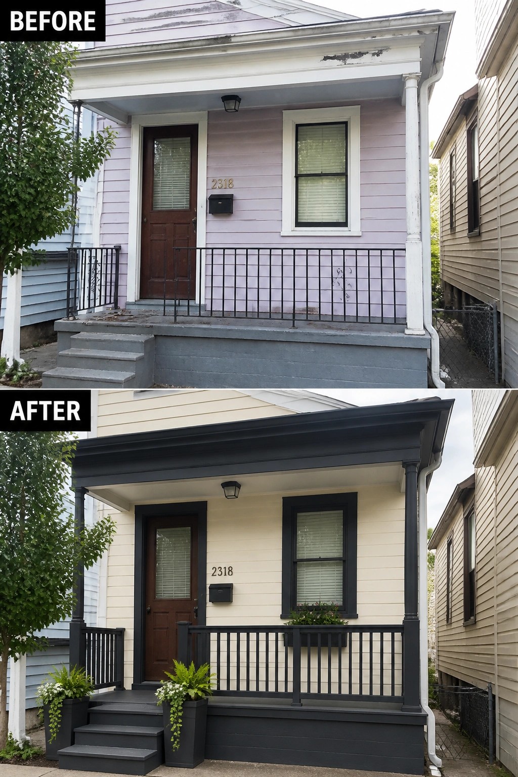 Before and after house exterior renovation with new black trim and planters.