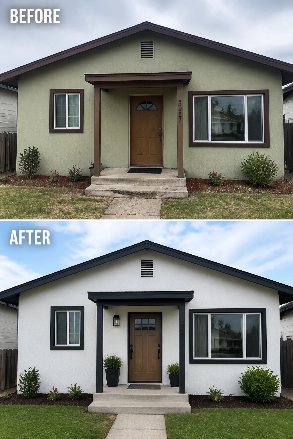 Before-and-after image of a house exterior repainted from green with brown trim to white with black trim and updated entry details.