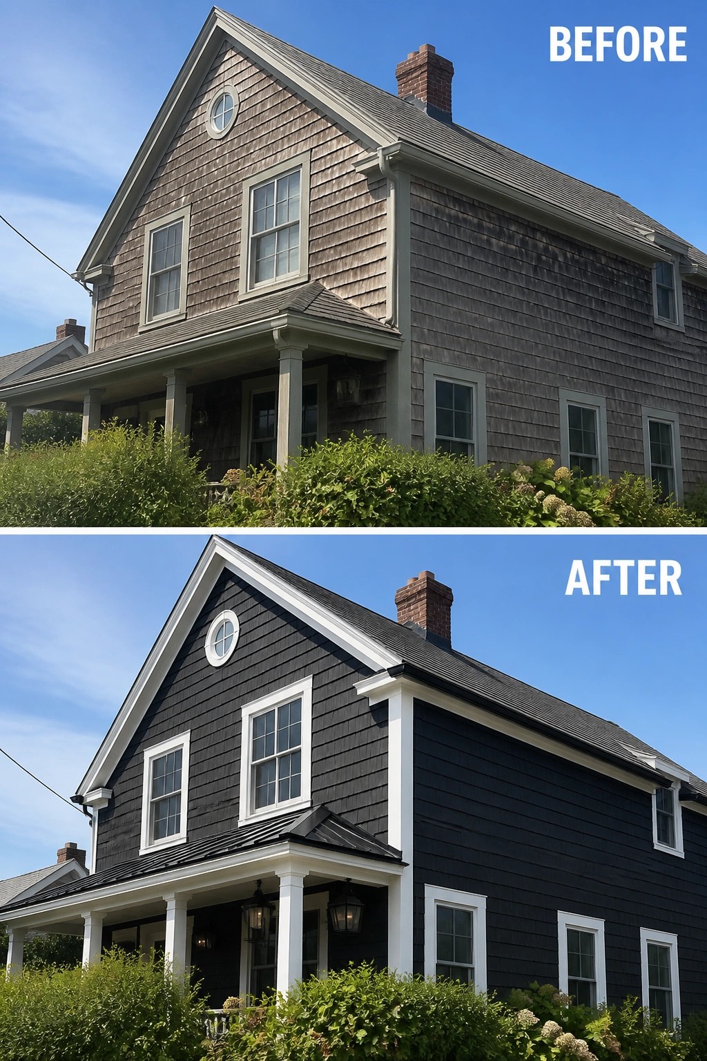 Two-story house before and after repainting from gray to black with white trim