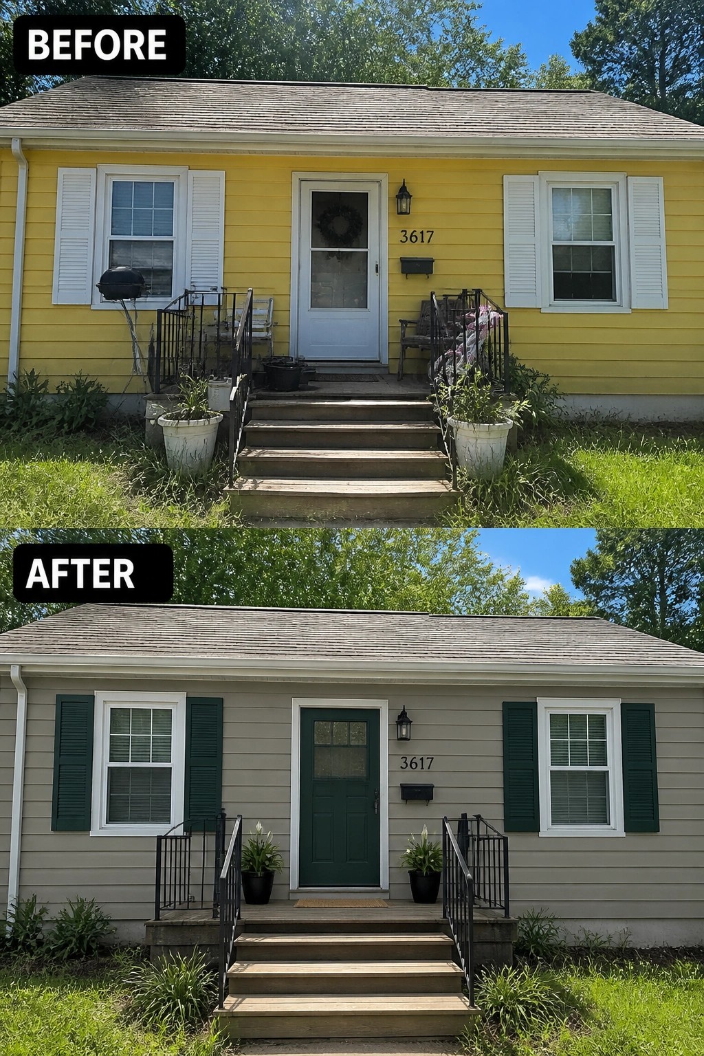 Before yellow house and after gray with green door and shutters
