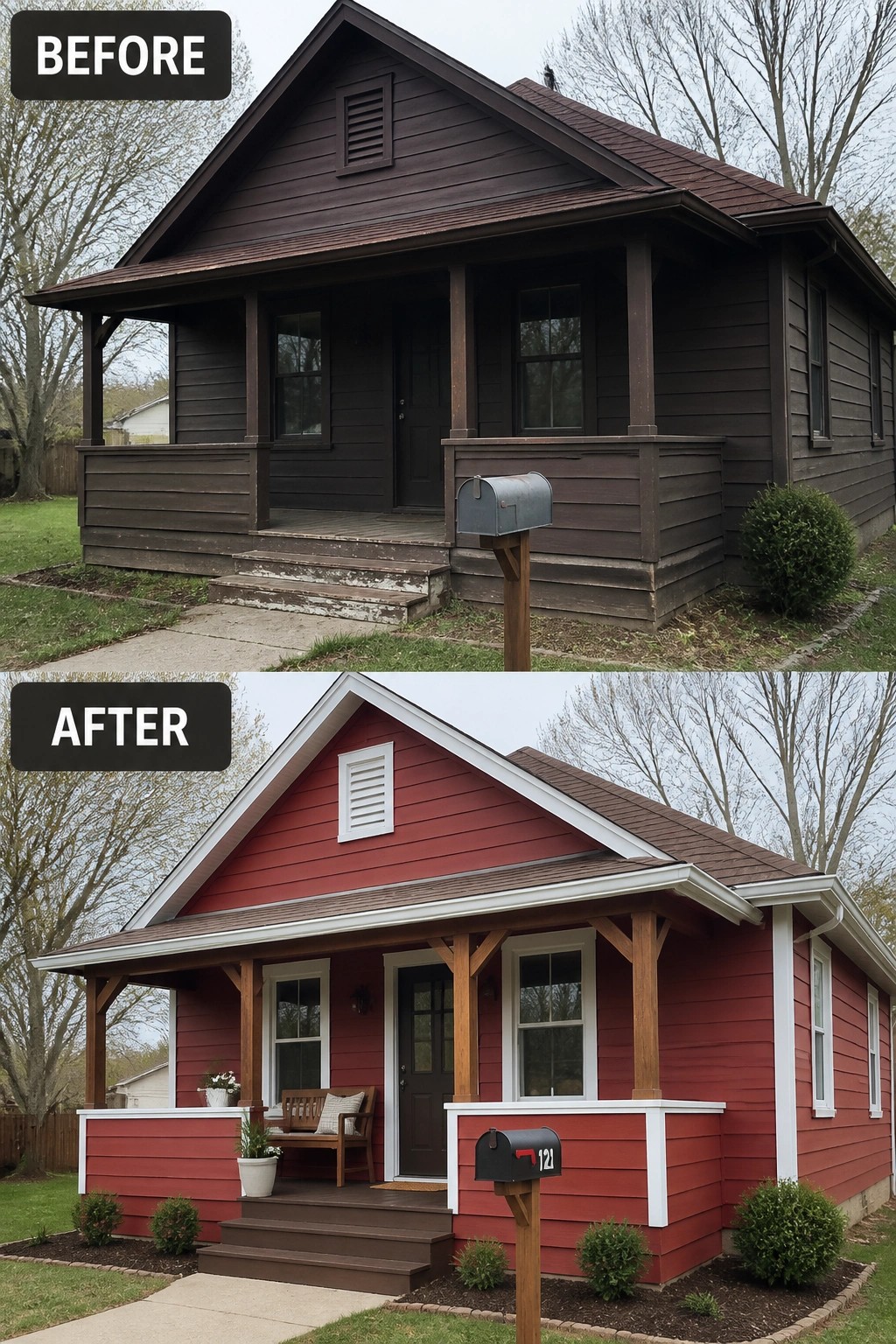Before and after house exterior painted red with white trim and porch updates