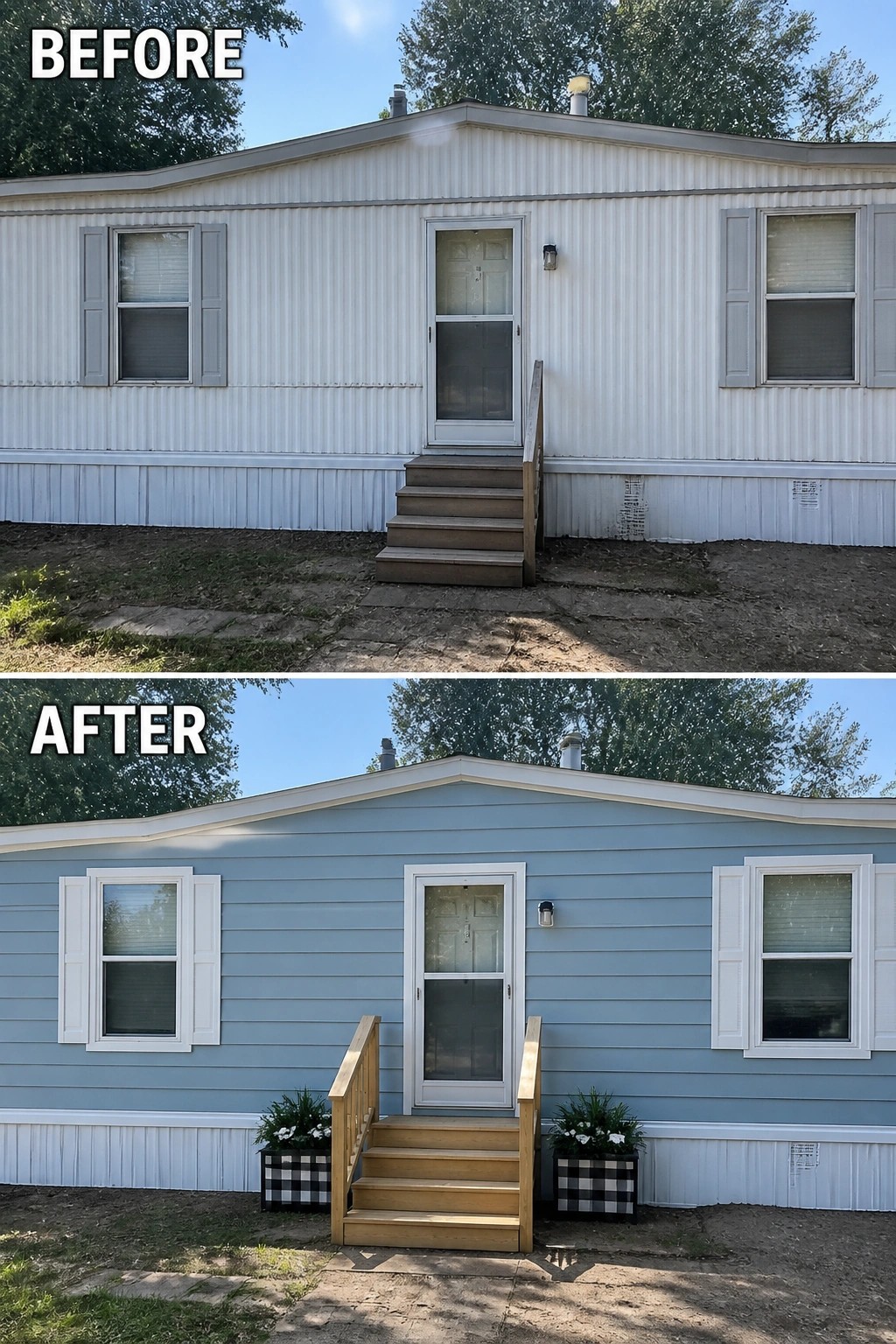 Before-and-after image of a mobile home exterior with white siding changed to light blue and new white shutters added.