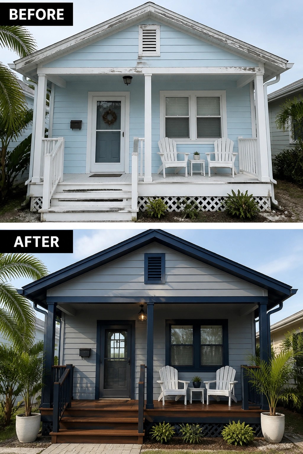 Before and after house exterior renovation with updated paint, porch, and landscaping.