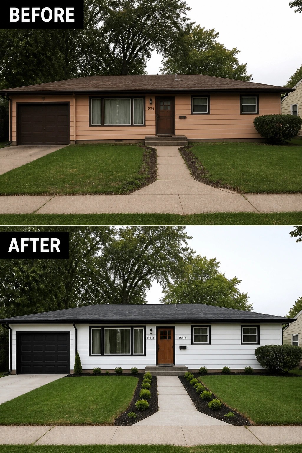 Before and after of peach house repainted white with black roof and new landscaping.