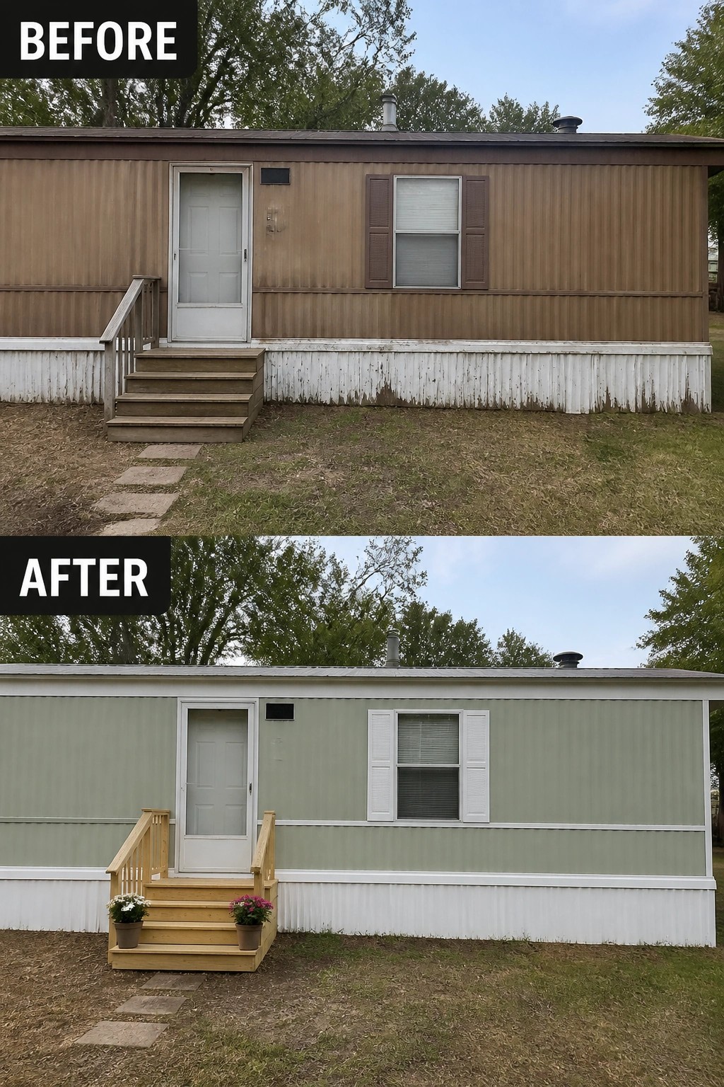 Before and after of mobile home with new green siding, white shutters, and wooden steps.