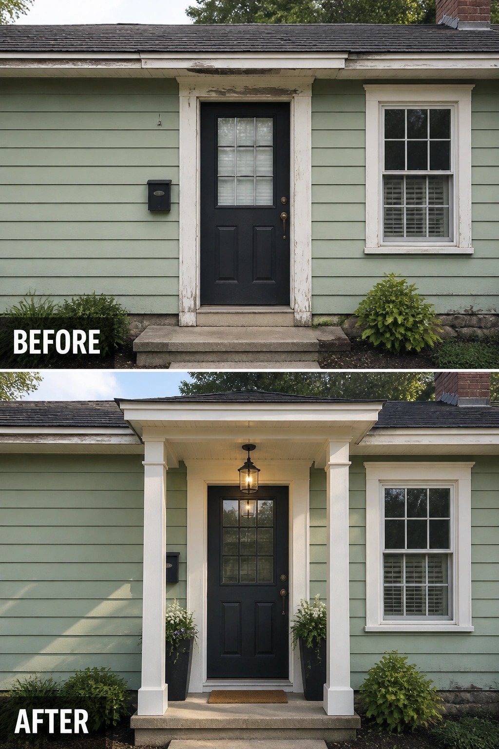 Before and after of green house with new white porch columns and light.