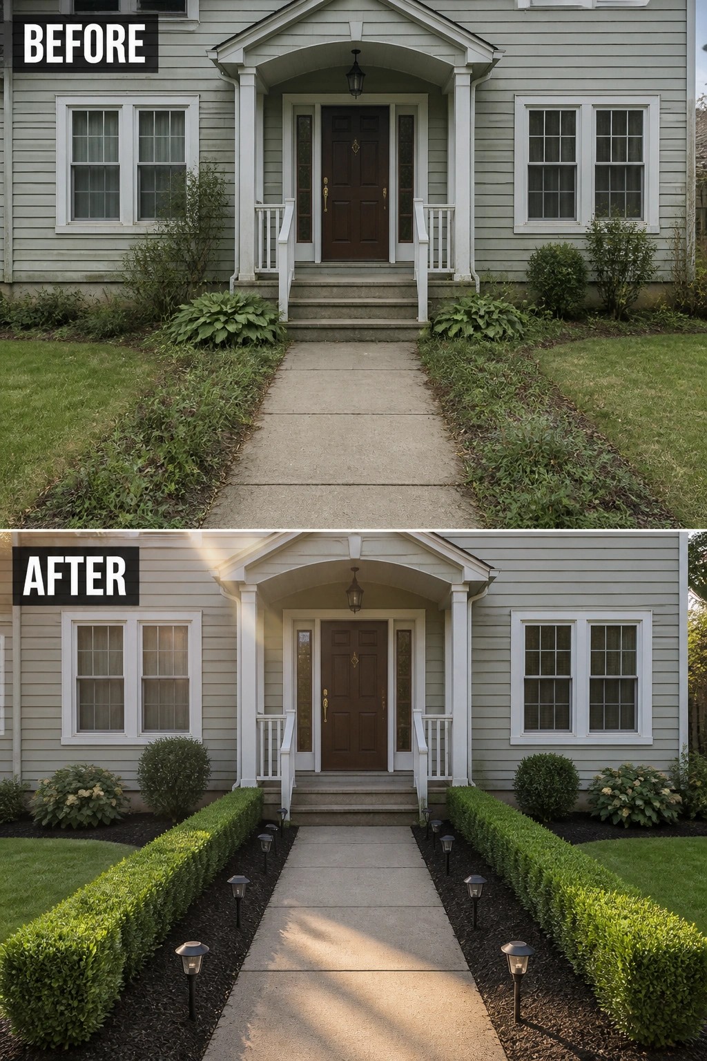 Before and after of house entrance with neat hedges, mulch and pathway lights