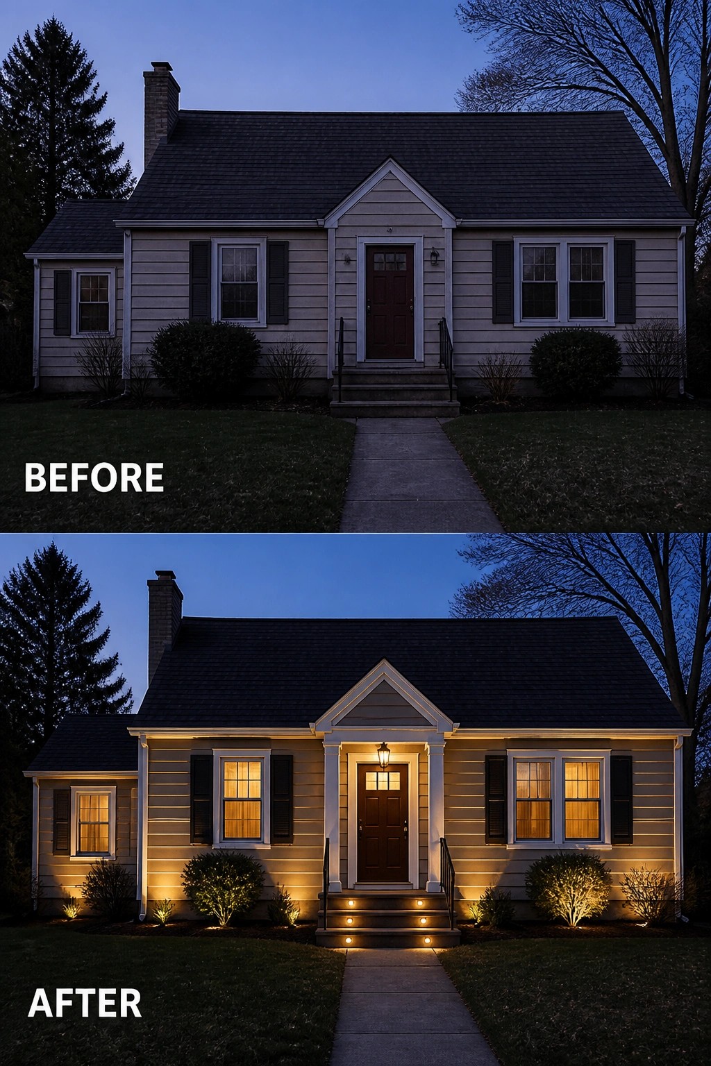 Before and after of house with added warm exterior lighting at dusk.