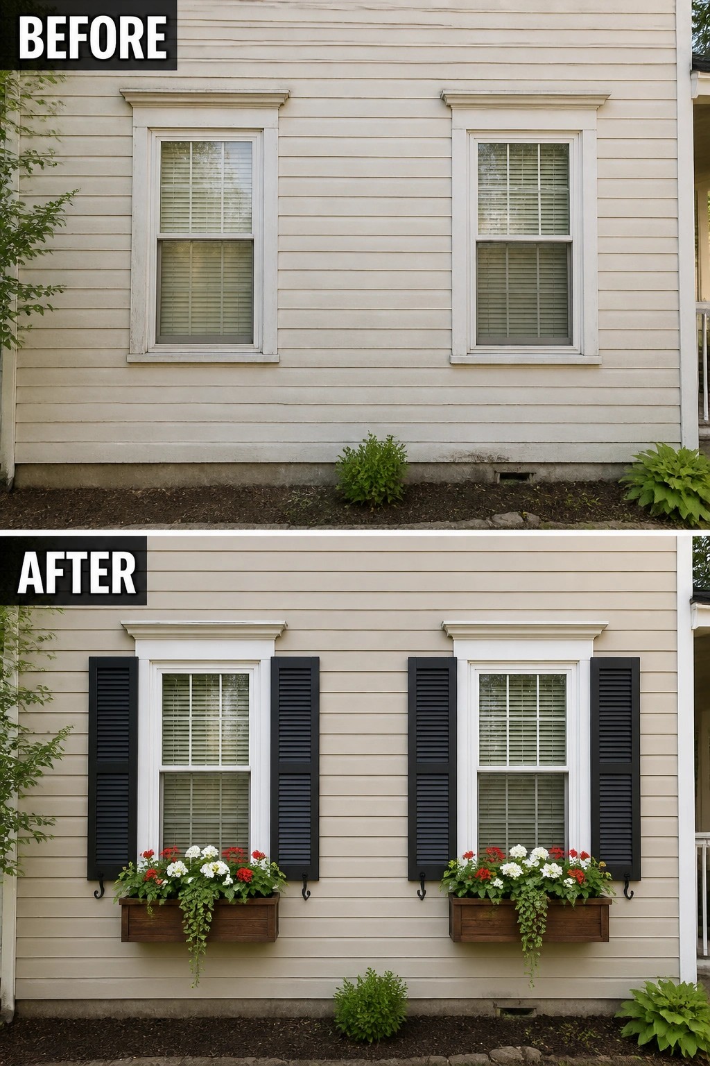 Before-and-after image of a house exterior with plain windows updated by adding black shutters and flower boxes with plants.