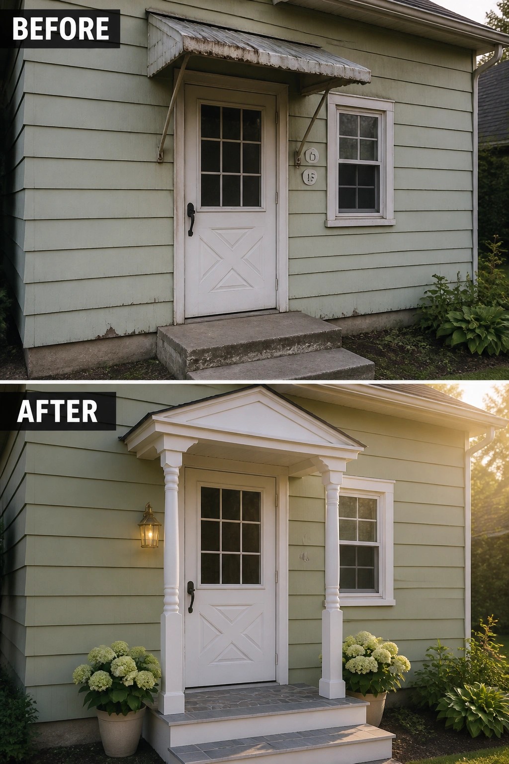 Before-and-after image of a house front entry updated with a new portico, columns, and planters.