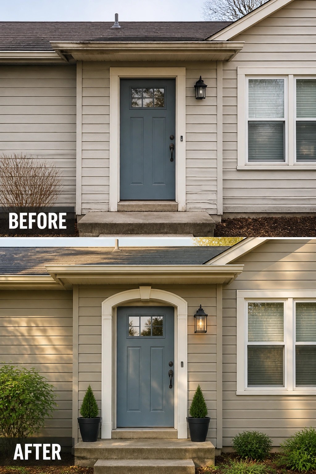 Before and after of blue door with new arched trim and potted plants