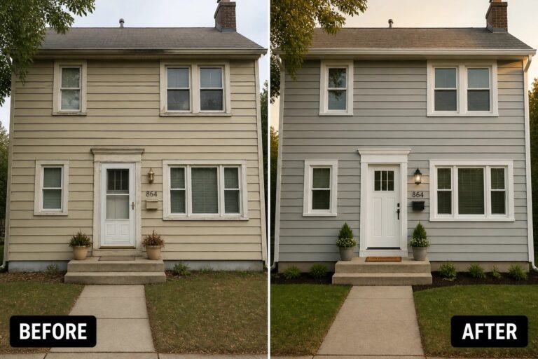 25 Beautiful Home Exterior Makeover Ideas for Dated Siding, Trim, and Entryways Two-story house exterior before beige and after gray siding with black door.