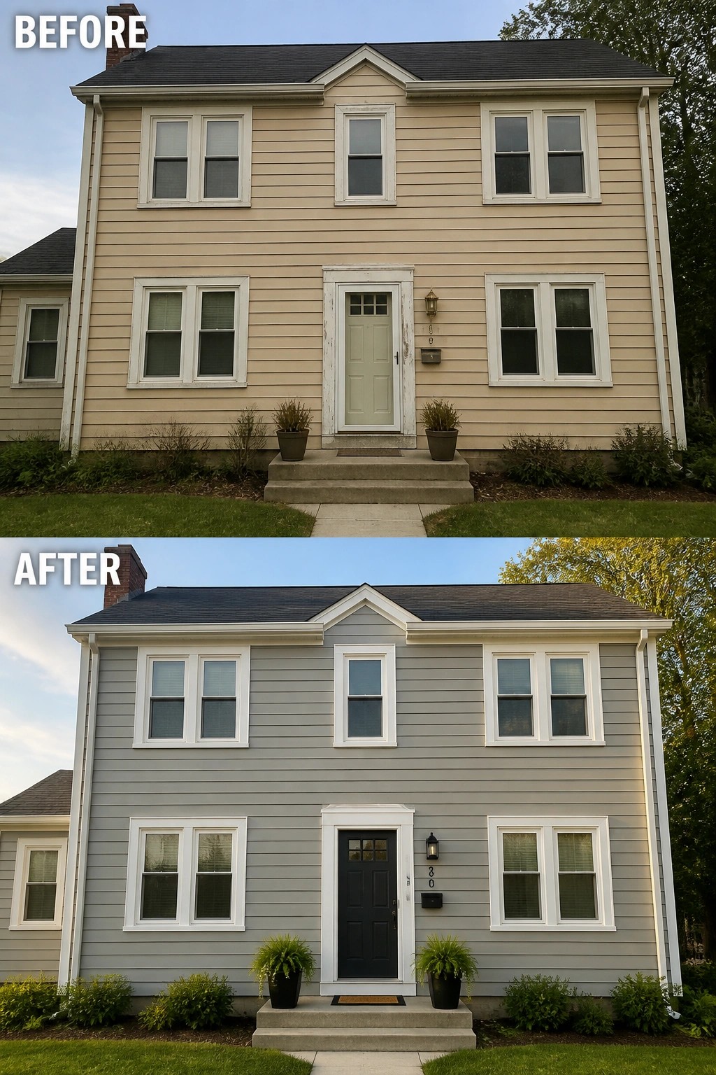 Two-story house exterior before beige and after gray siding with black door.