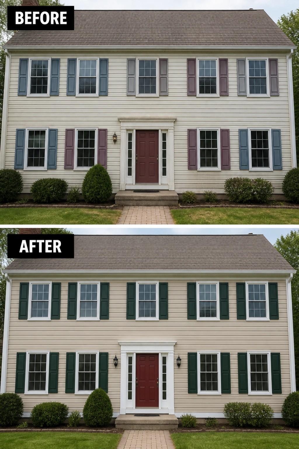 Before-and-after image of a two-story house exterior with mismatched shutter colors updated to uniform dark green shutters.