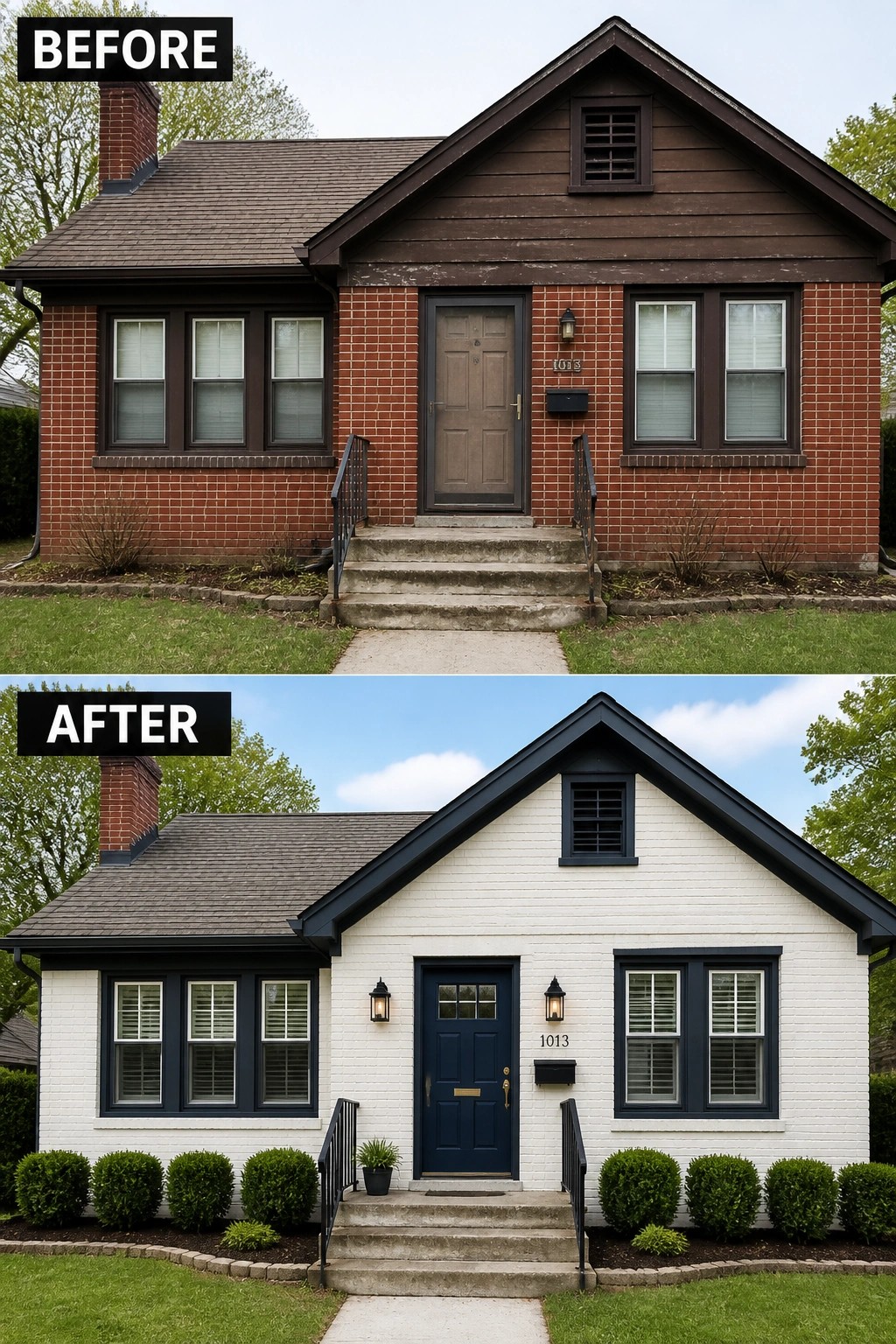 Before and after of brick house painted white with black trim and landscaping