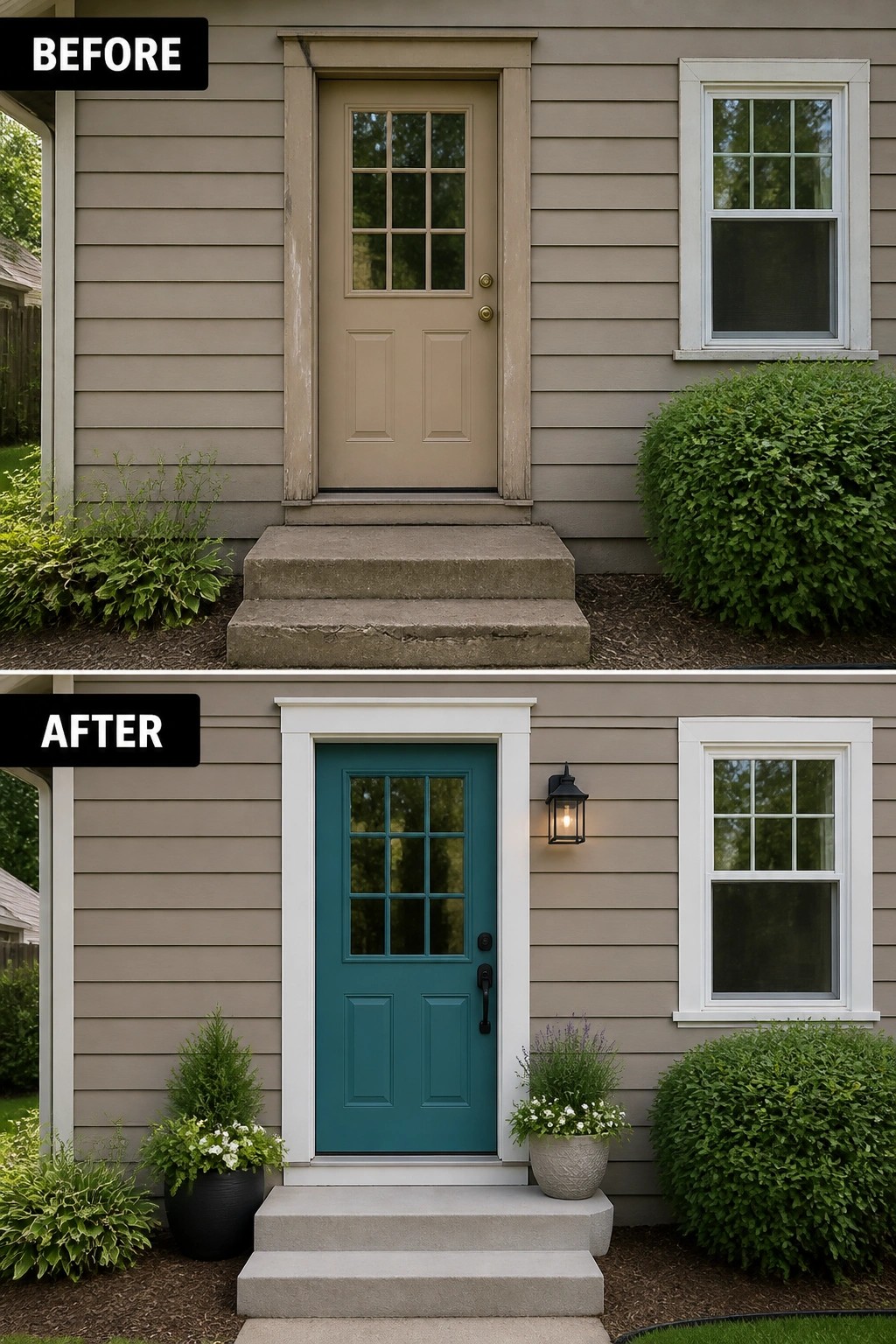 Before-and-after image of a dated beige front door and concrete steps updated with a teal door, white trim, a new light fixture, and added planters.