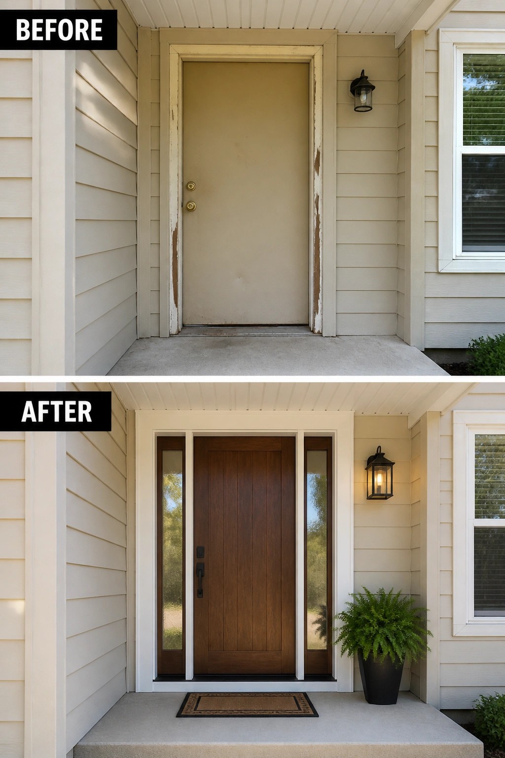 Before and after house entrance with new dark wood door, sidelights and fern.