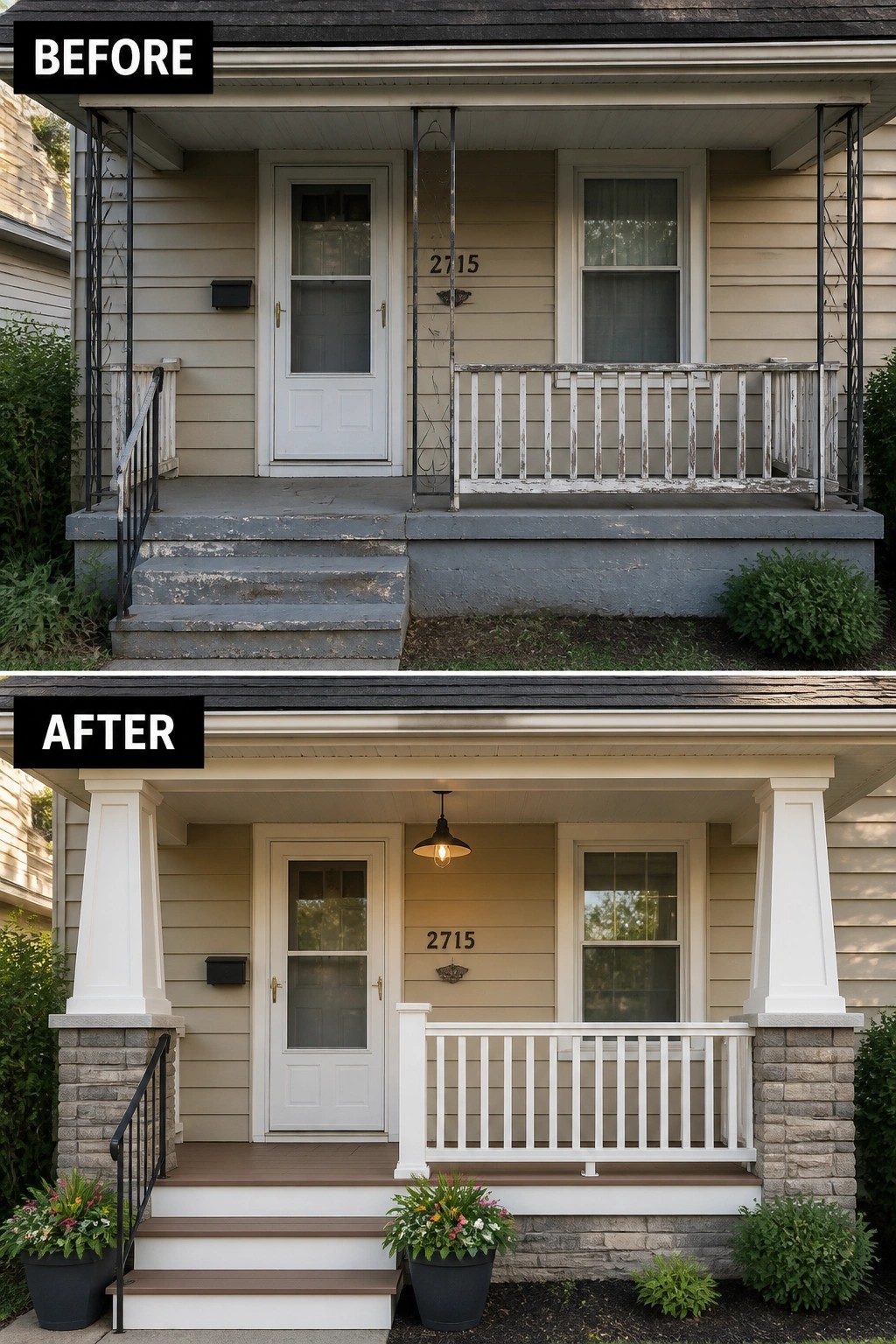 Before-and-after image of a dated front porch updated with new white columns on stone bases, white railings, brown decking, and added planters.