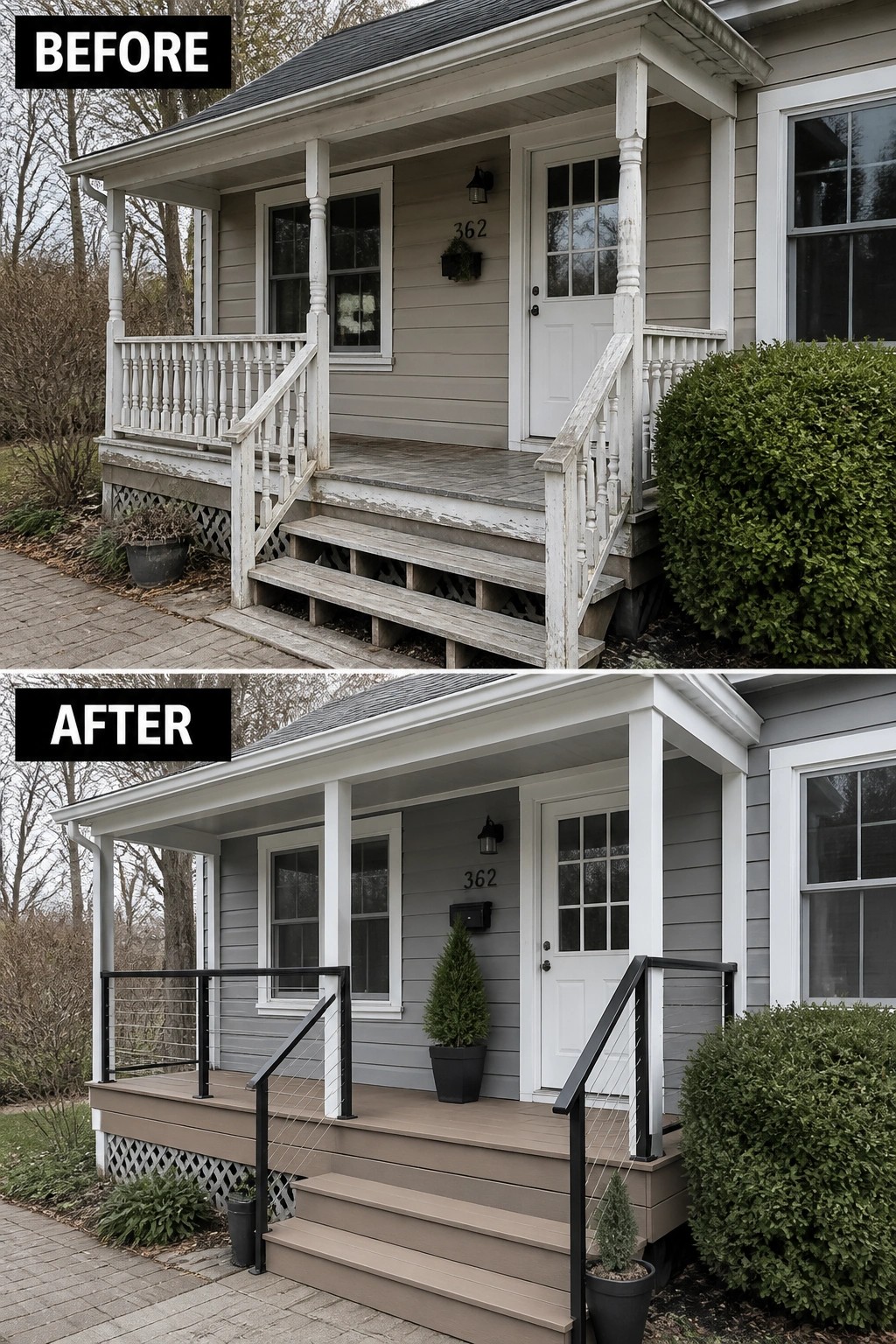 Before and after of a house porch renovation with new railings and paint.