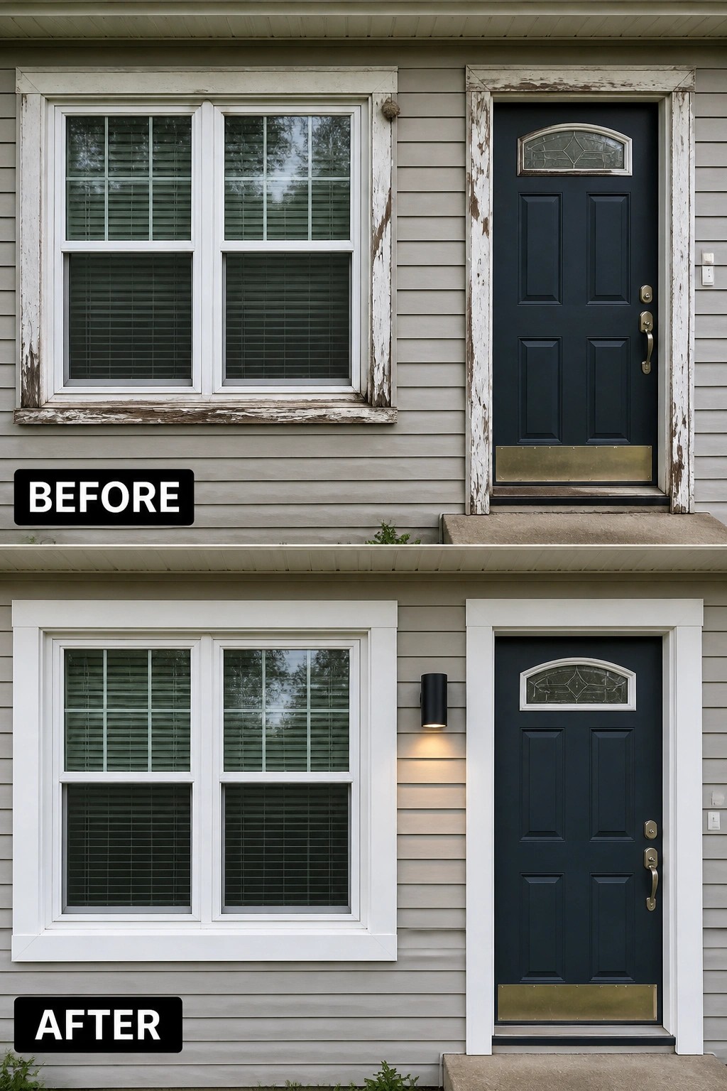 Before and after of house with fresh white window and door trim