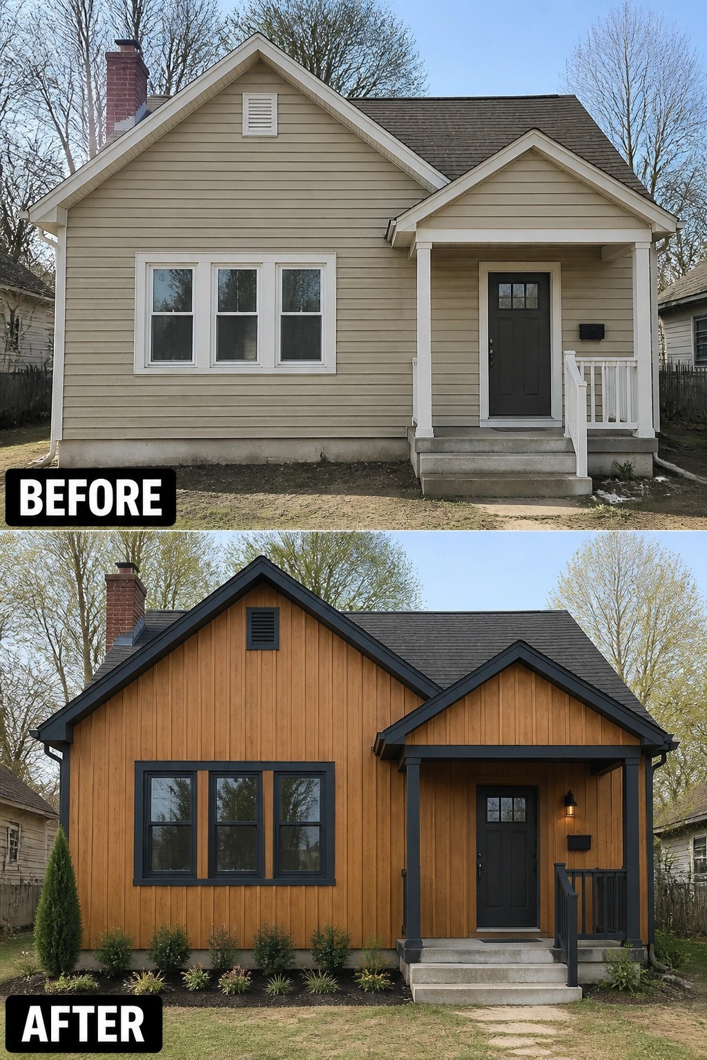 Before-and-after image of a house exterior with beige siding and white trim updated to wood siding, black trim, and a refreshed front porch.