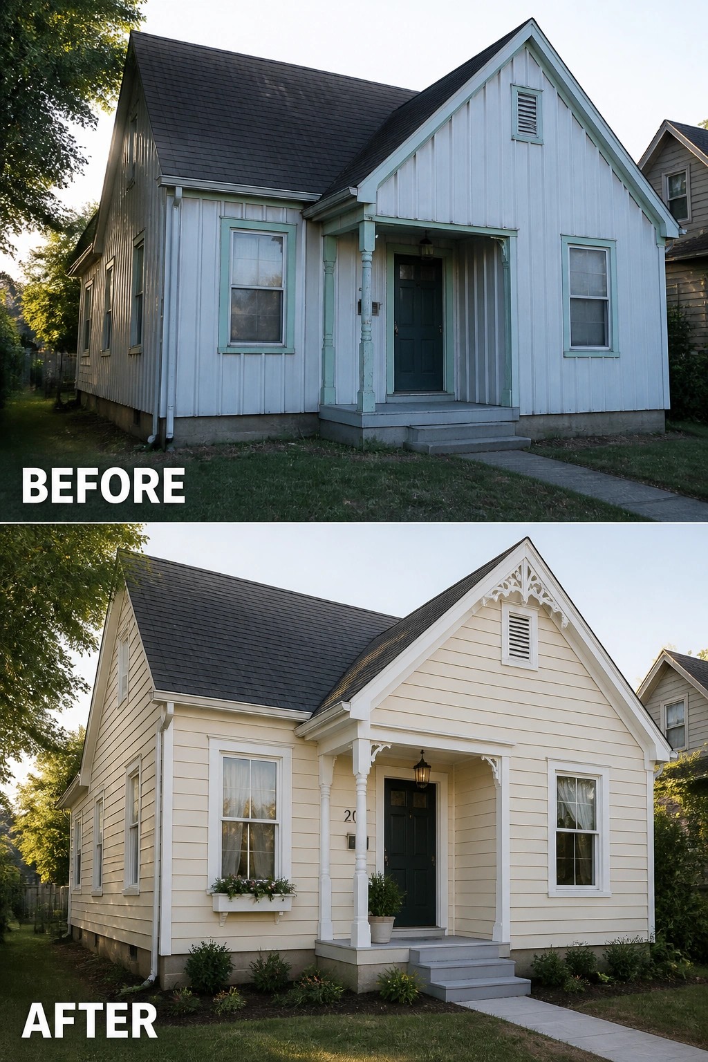 Before-and-after image of a house exterior showing dated white siding with green trim updated to cream siding, white trim, and a refreshed front entry.