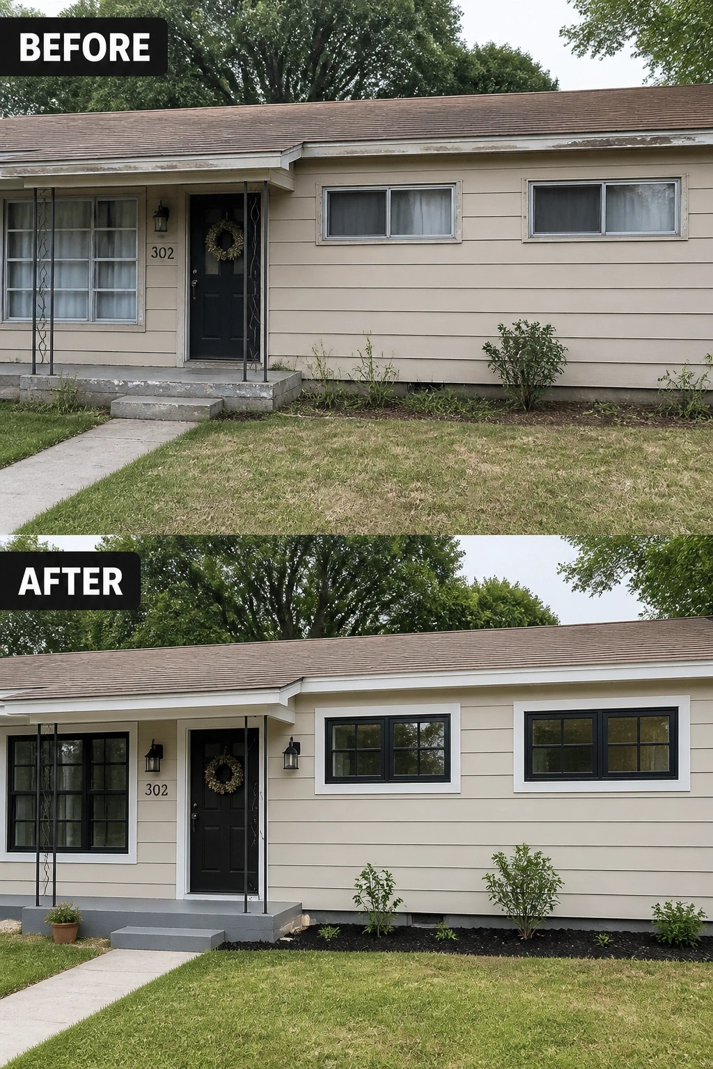 Before and after of beige house with new black windows and landscaping