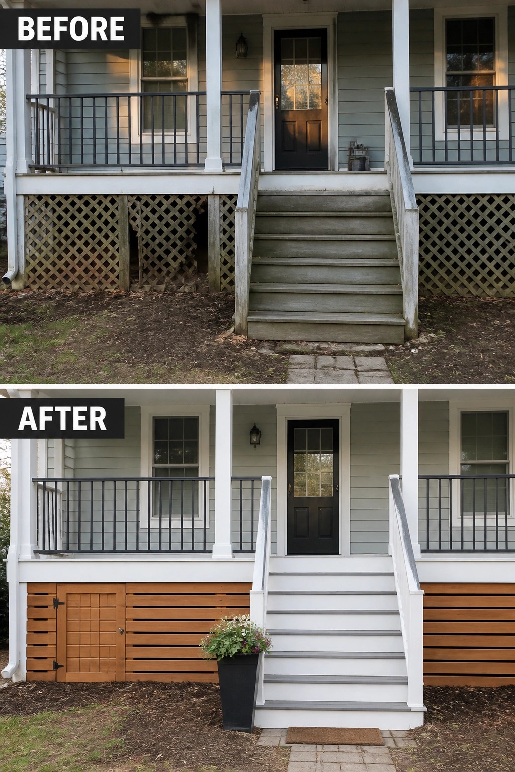 Before and after of porch with new white stairs and wooden paneling