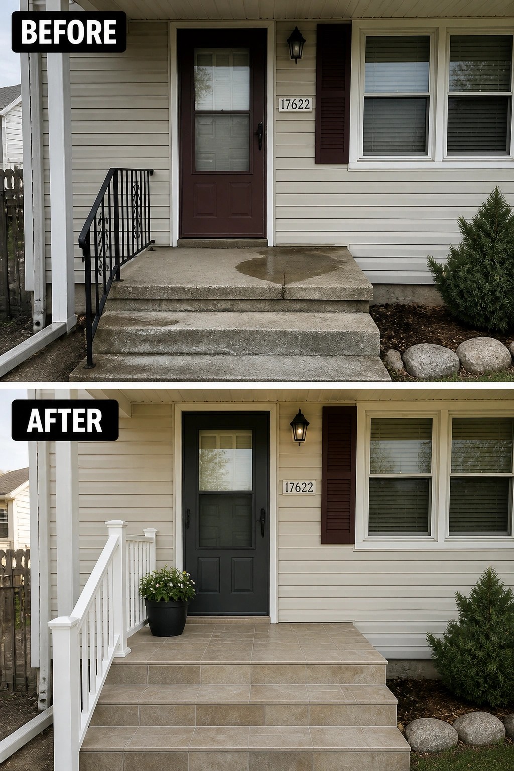 Before-and-after image of a house front entry showing concrete steps and a black railing replaced with tiled steps and a white railing.