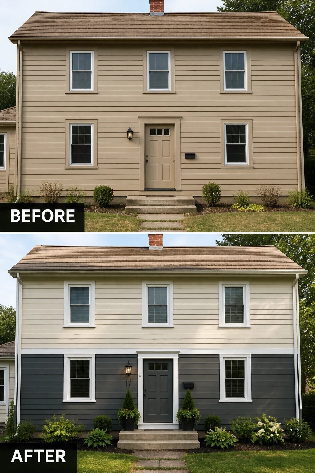 Before and after house exterior with new two-tone paint and landscaping.