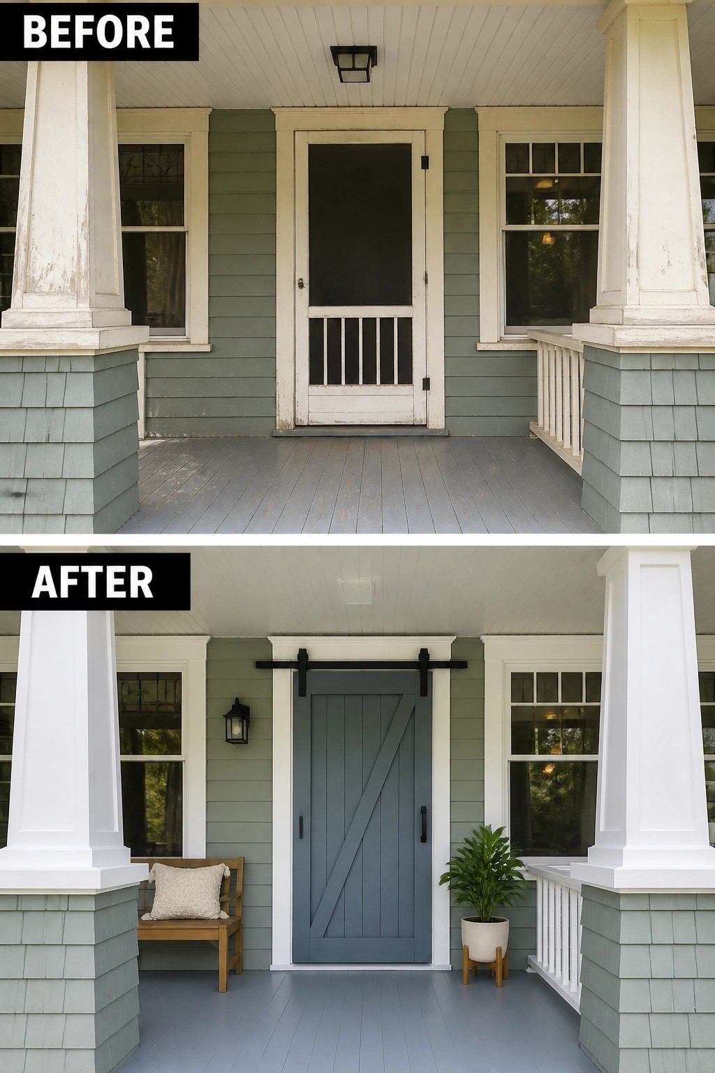 Before-and-after image of a front porch showing an old white screen door replaced by a solid blue door with updated trim and added seating.