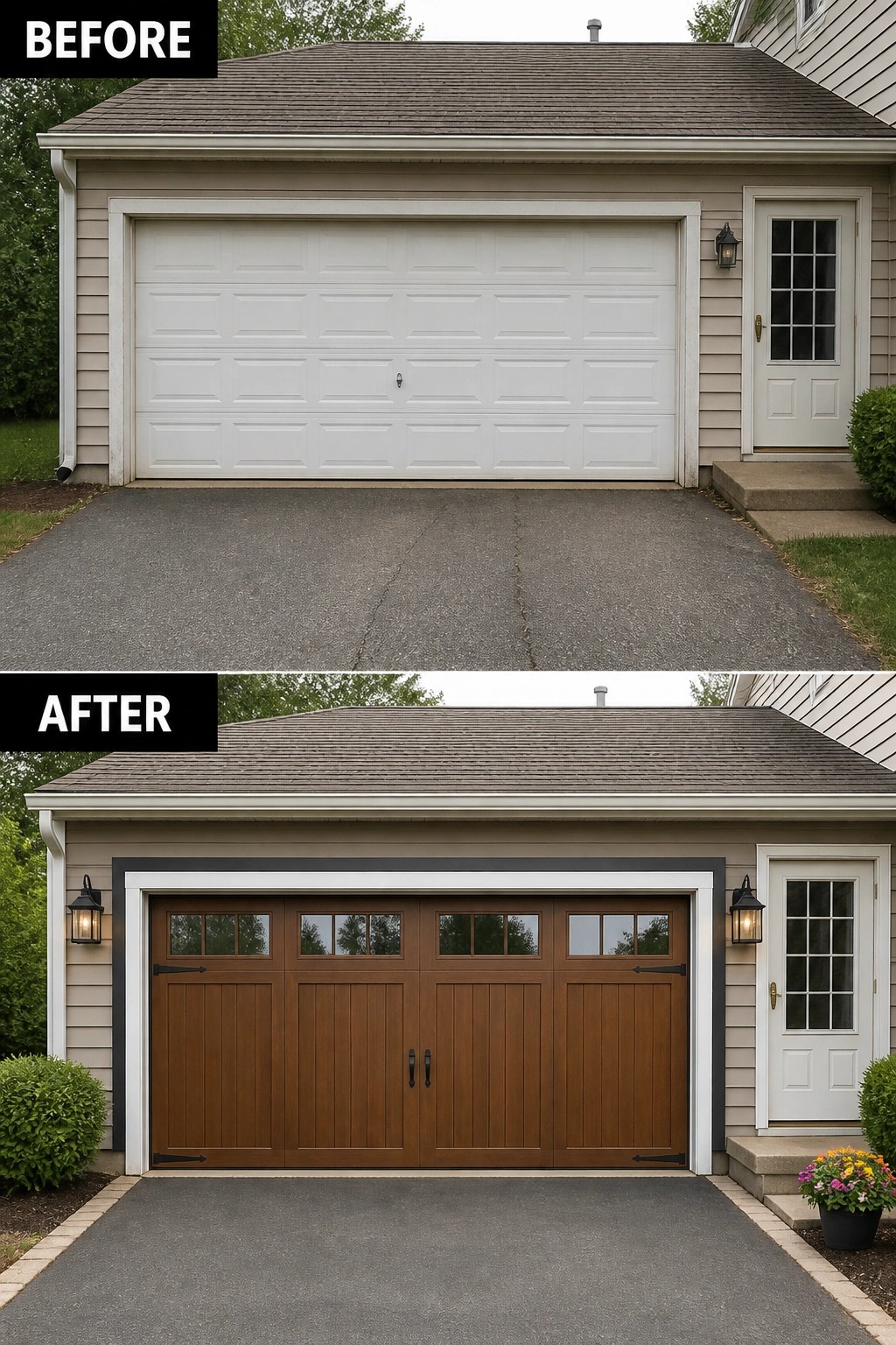 Before and after of house with updated brown wooden garage door and trim.